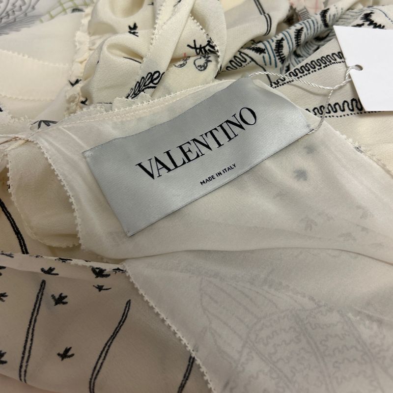 Valentino Ecru Silk Flowy Dress With Abstract Line Art Print