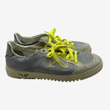 Off White men s silver glitter sneakers with neon yellow laces Loop Generation