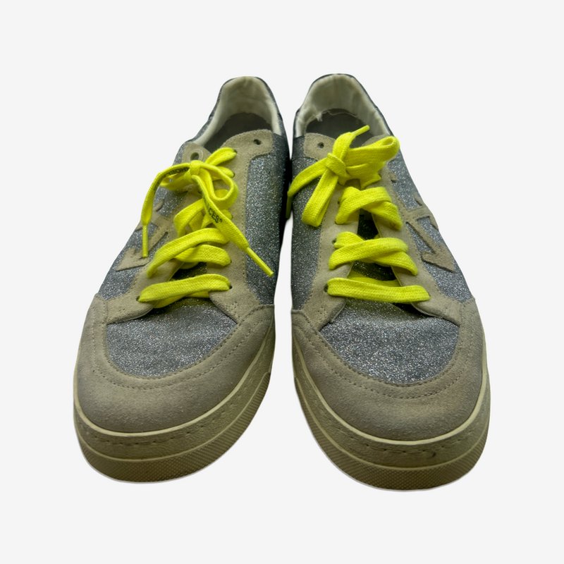Off-White men's silver glitter sneakers with neon yellow laces