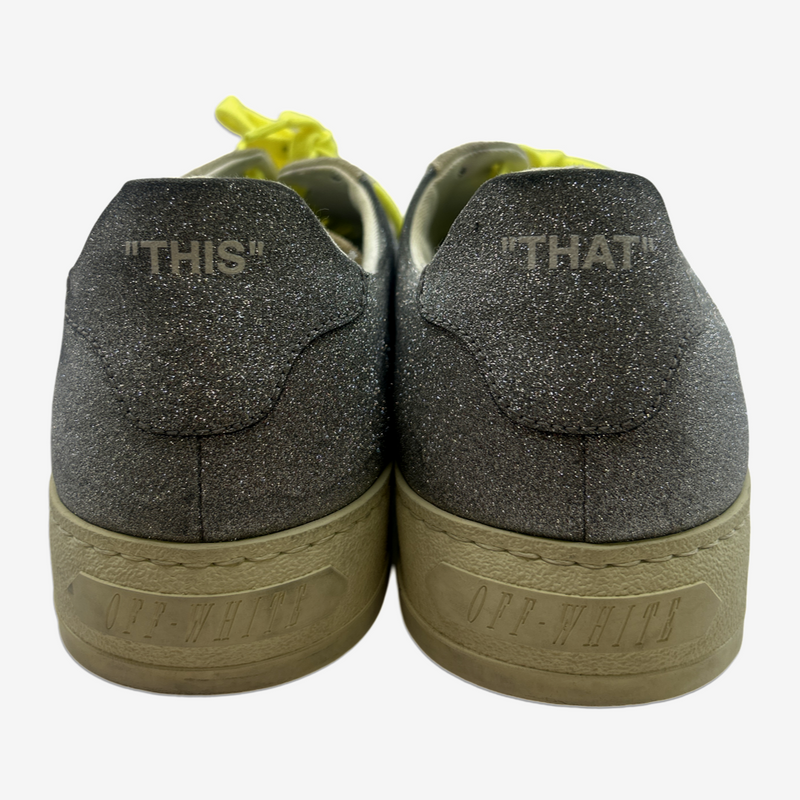 Off-White men's silver glitter sneakers with neon yellow laces