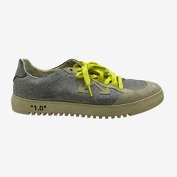 Off-White men's silver glitter sneakers with neon yellow laces
