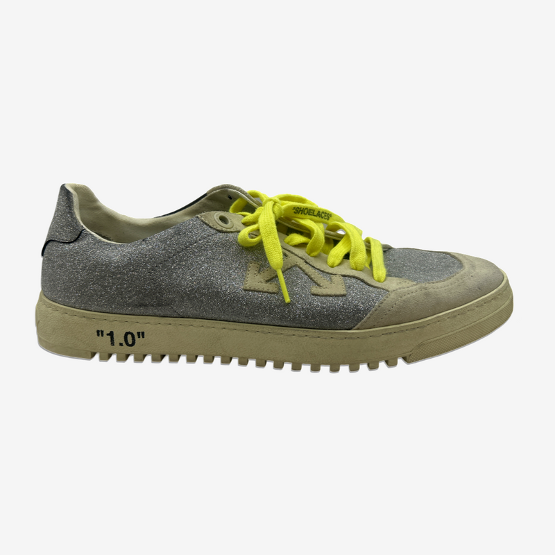 Off-White men's silver glitter sneakers with neon yellow laces