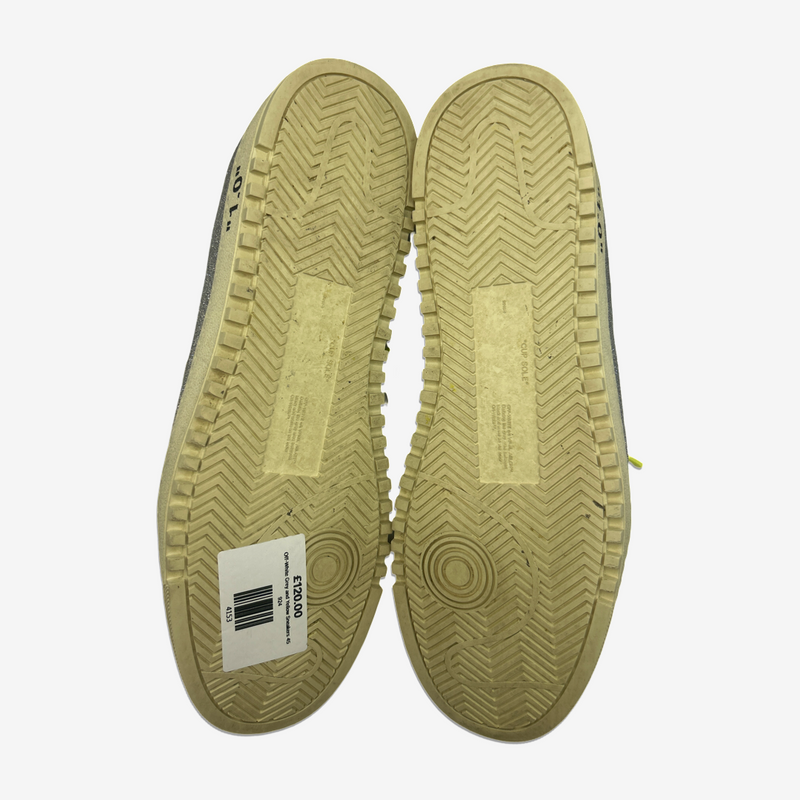Off-White men's silver glitter sneakers with neon yellow laces