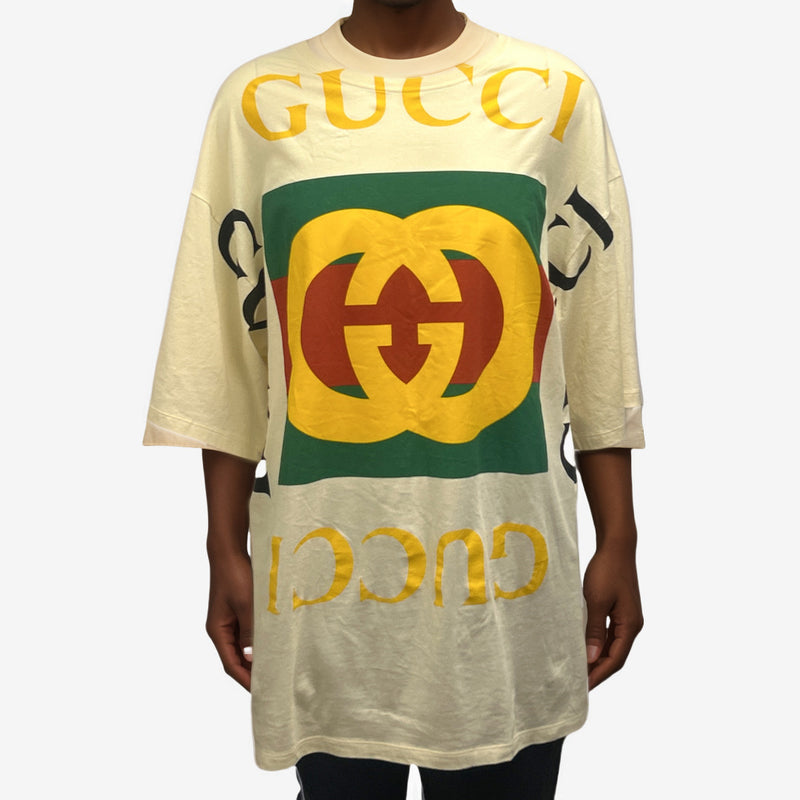 Gucci Men's Cream Cotton Graphic Print Oversized T-Shirt