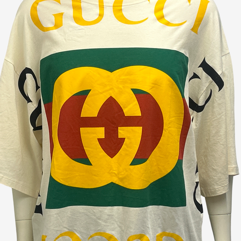 Gucci Men's Cream Cotton Graphic Print Oversized T-Shirt