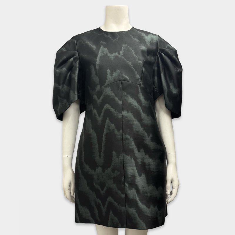 MSGM Black and Green Abstract Print Dress With Puffed Sleeves