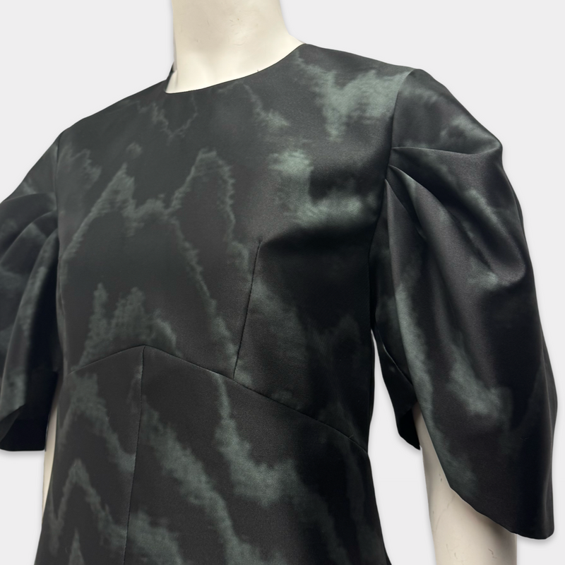 MSGM Black and Green Abstract Print Dress With Puffed Sleeves