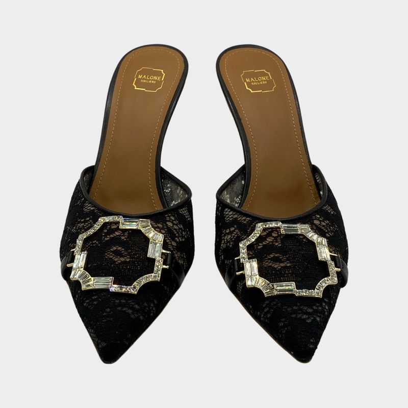 Malone Souliers black pointed-toe heels with crystal embellishment