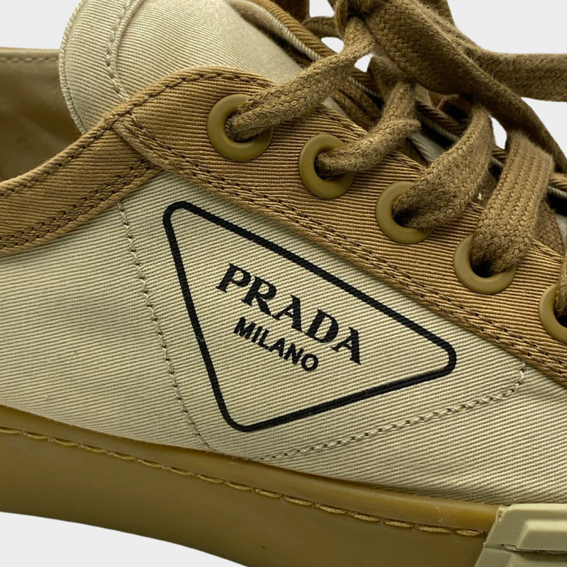 Prada women's beige canvas logo platform trainers