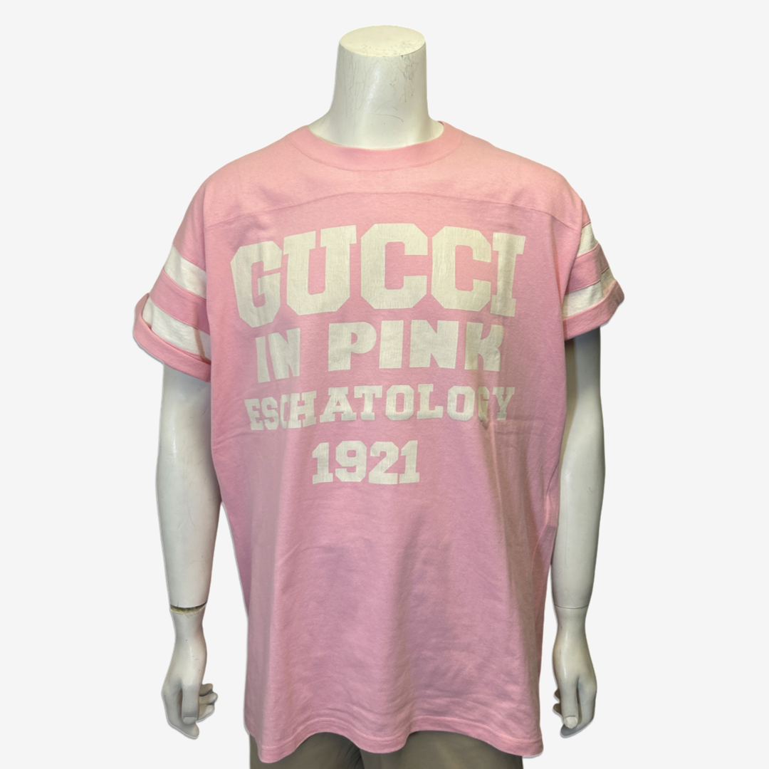 Gucci men s pink cotton varsity design t shirt Loop Generation