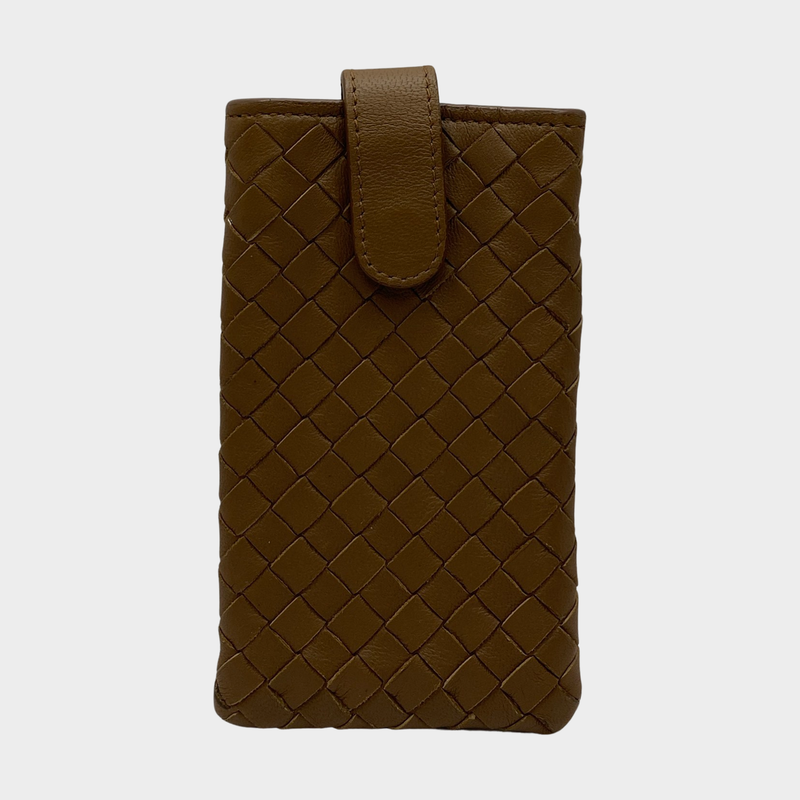 Bottega Veneta brown leather small intrecciato phone pouch