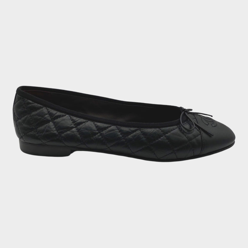 Chanel black aged calfskin ballet flats