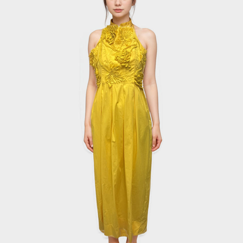 MSGM Yellow floral embroidered cotton maxi dress