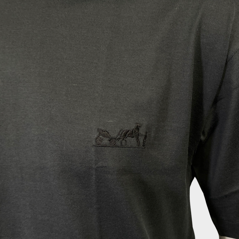 Hermes men's black cotton t-shirt with logo embroidery
