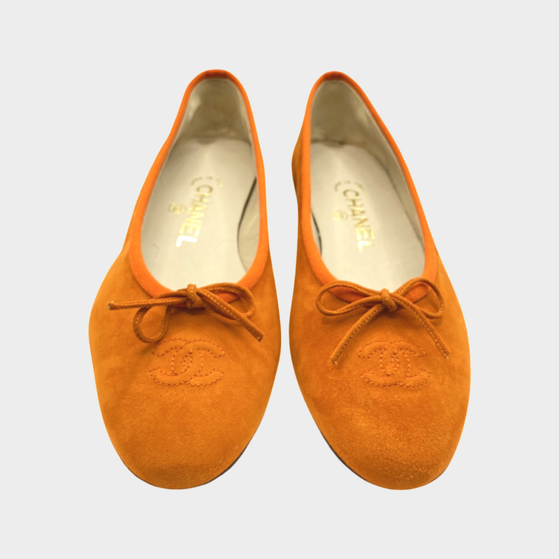 Chanel orange suede CC bow ballet flats