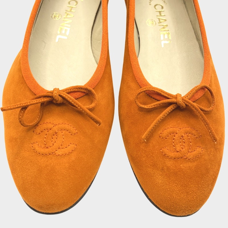 Chanel orange suede CC bow ballet flats