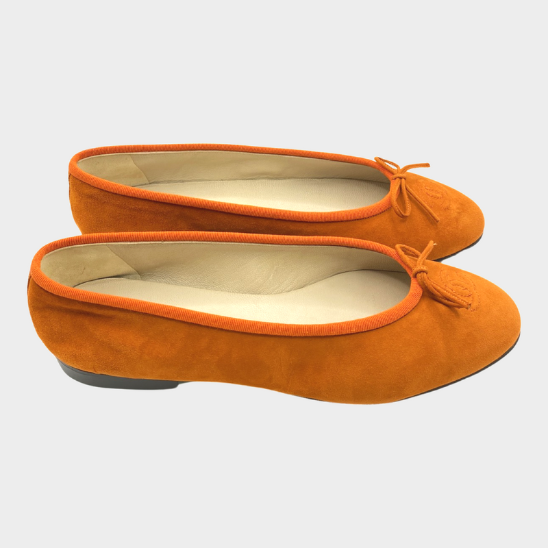 Chanel orange suede CC bow ballet flats