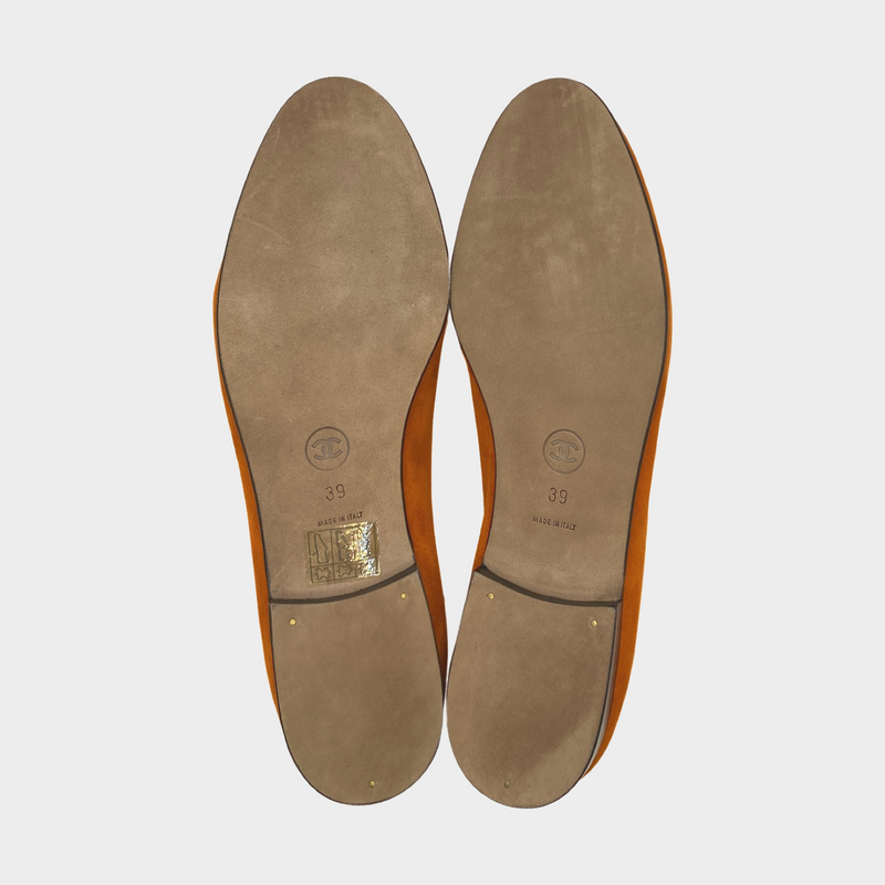 Chanel orange suede CC bow ballet flats