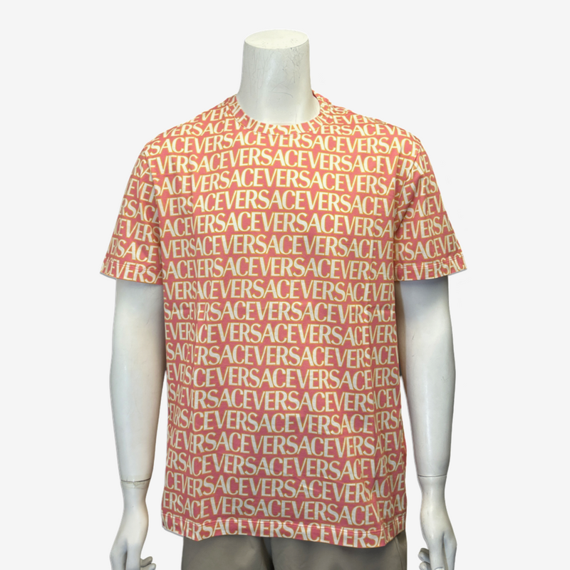 Versace men's pink and yellow cotton monogram print t-shirt