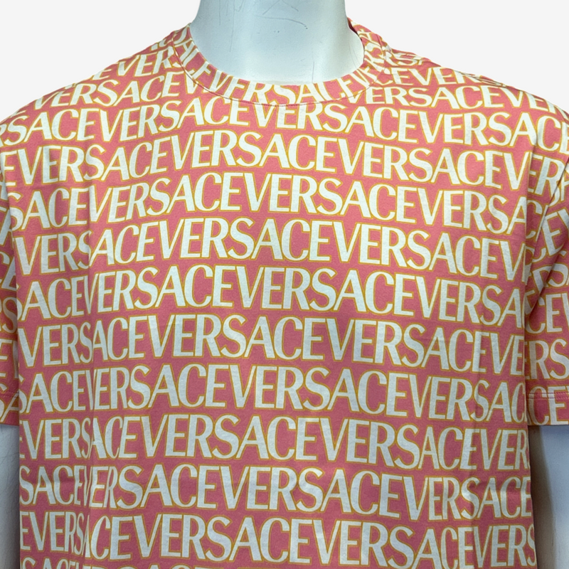 Versace men's pink and yellow cotton monogram print t-shirt