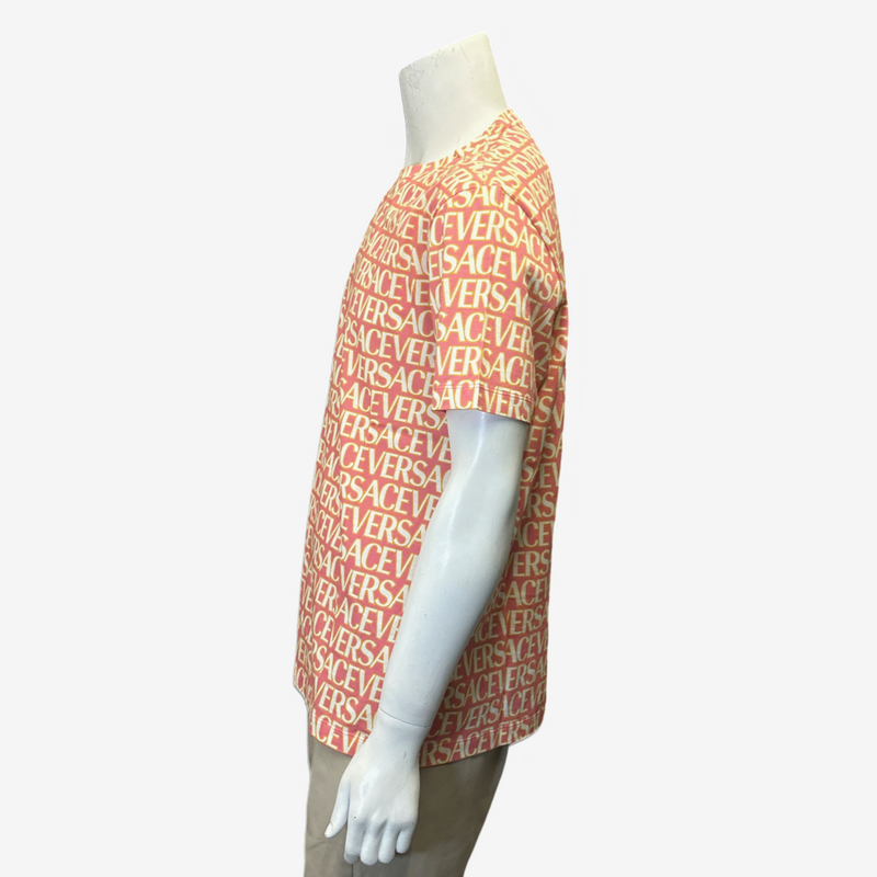 Versace men's pink and yellow cotton monogram print t-shirt
