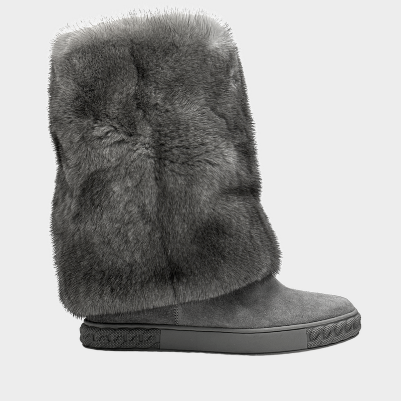 CASADEI women's wedged grey mink fur ankle boots with chain shapes on platforms