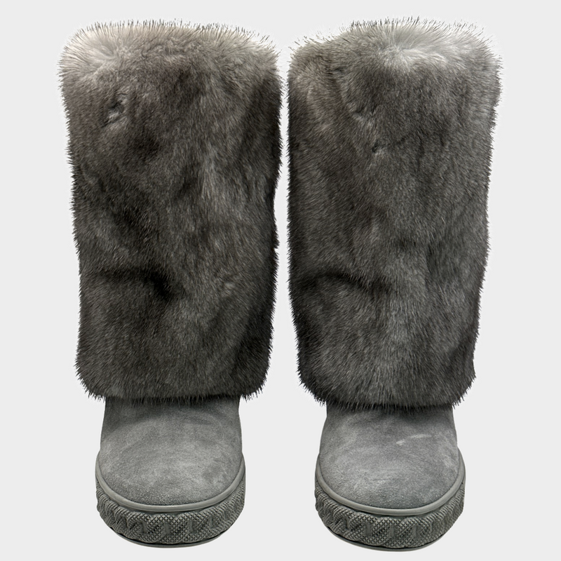 CASADEI women's wedged grey mink fur ankle boots with chain shapes on platforms