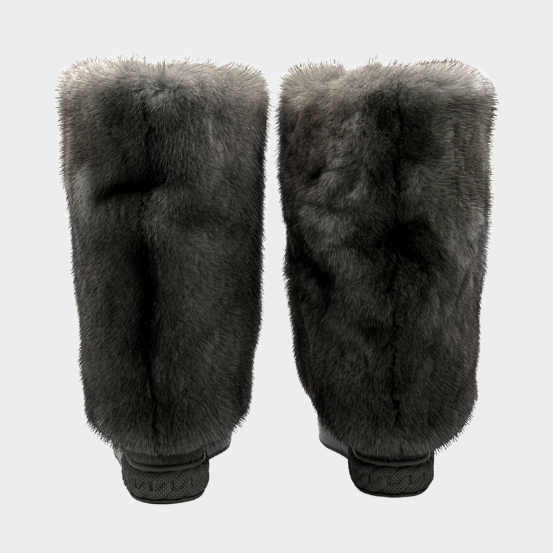 CASADEI women's wedged grey mink fur ankle boots with chain shapes on platforms