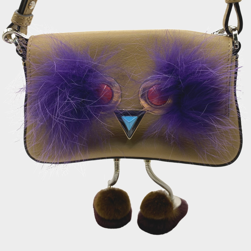 Fendi Beige monster mini baguette fur bag on chain