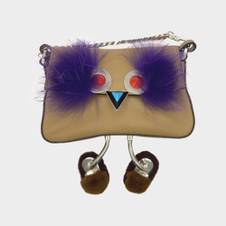 Fendi Beige monster mini baguette fur bag on chain