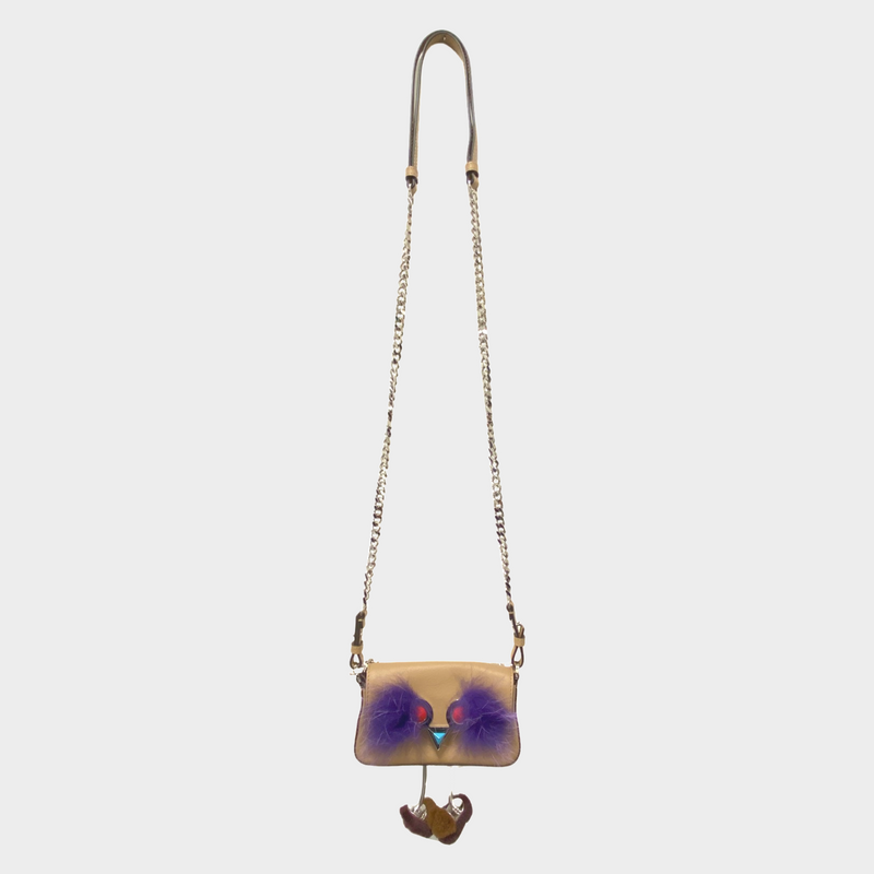Fendi Beige monster mini baguette fur bag on chain