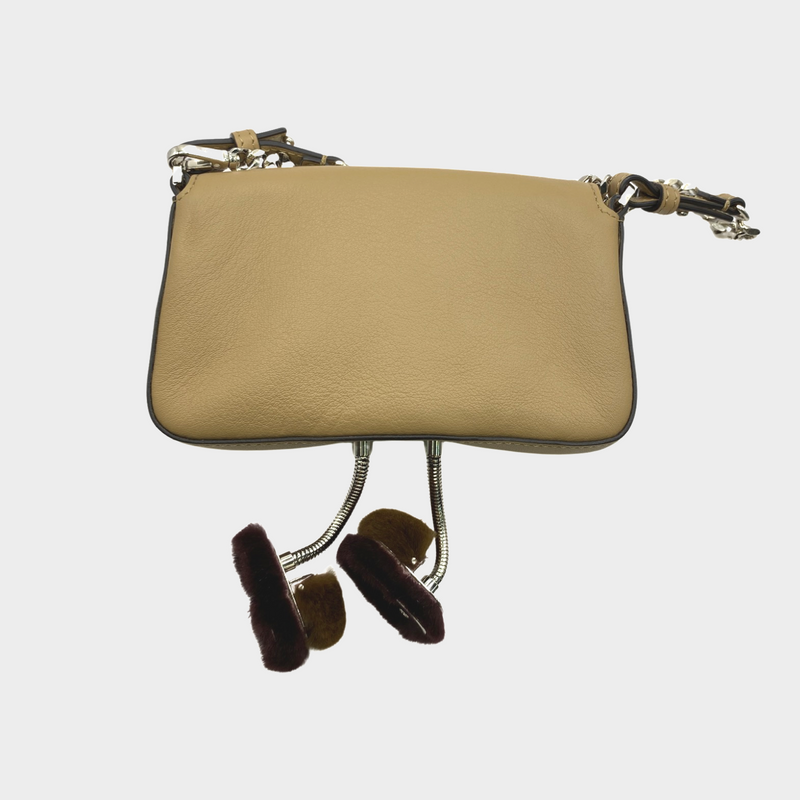 Fendi Beige monster mini baguette fur bag on chain