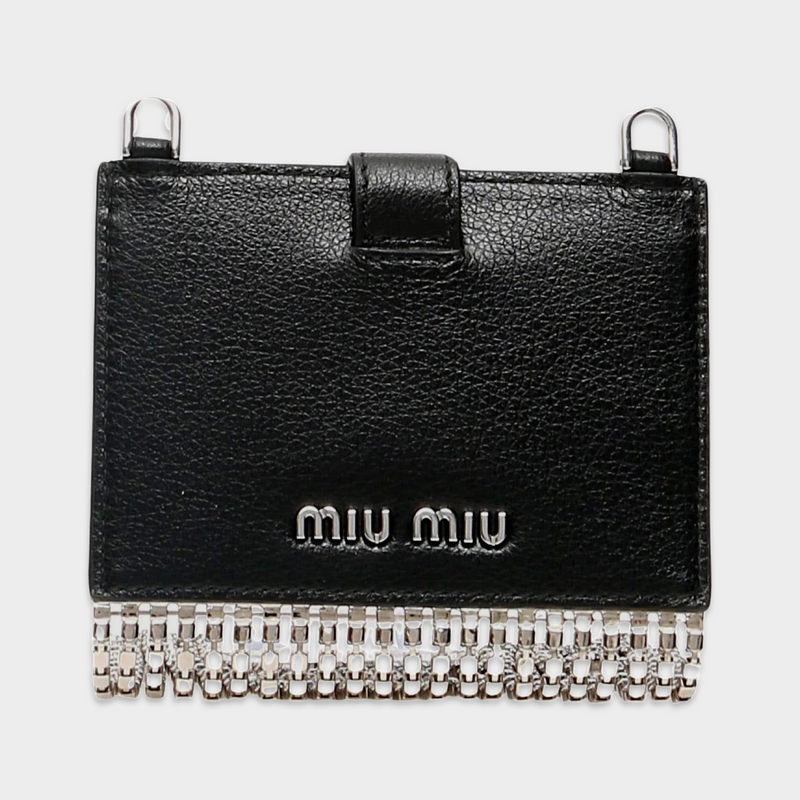 Miu Miu black crystal fringe credit card holder on chain
