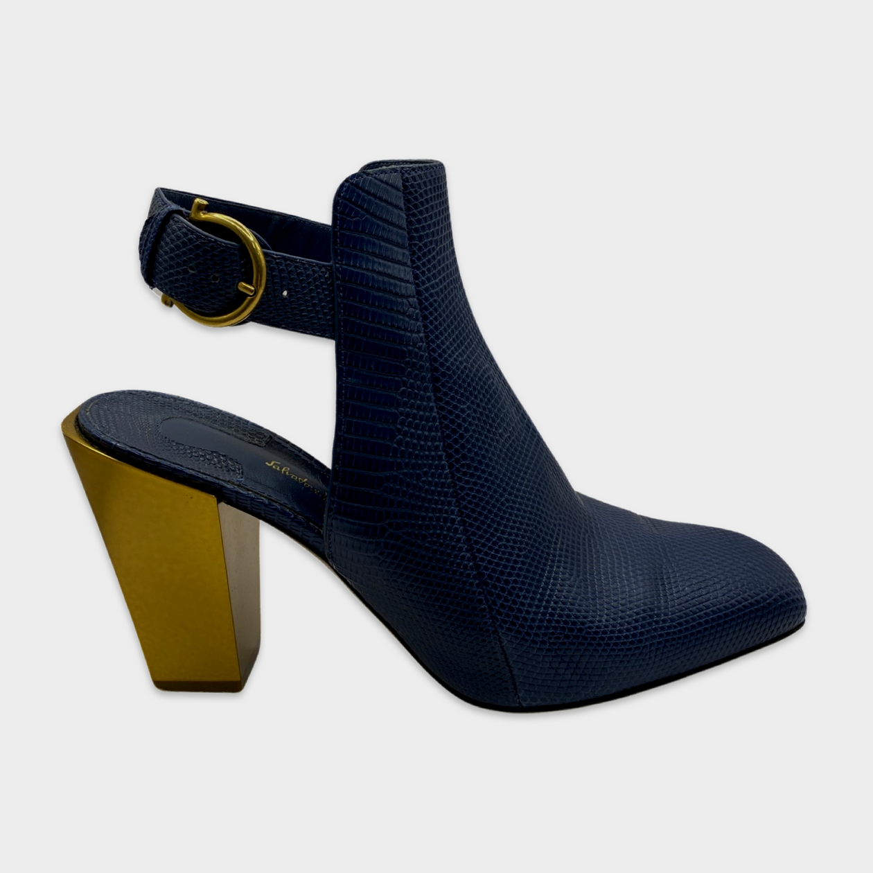 Salvatore Ferragamo navy open back boots with gold heel Loop