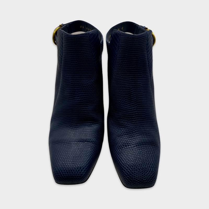 Salvatore Ferragamo navy open back boots with gold heel