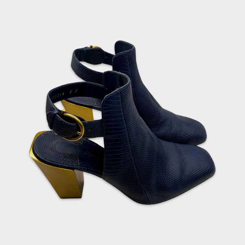 Salvatore Ferragamo navy open back boots with gold heel