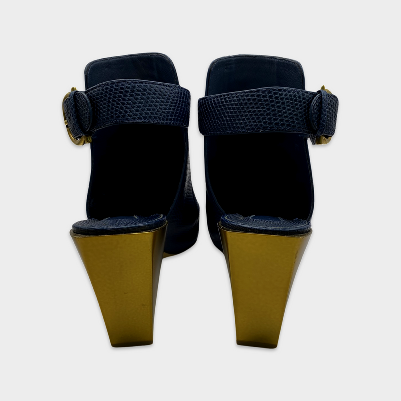 Salvatore Ferragamo navy open back boots with gold heel