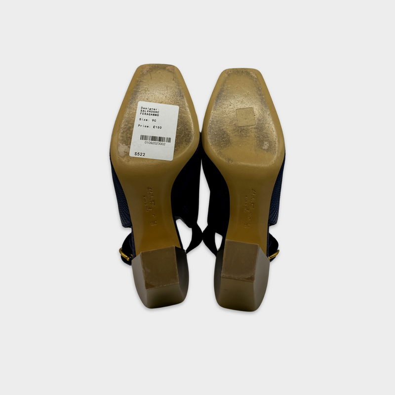Salvatore Ferragamo navy open back boots with gold heel