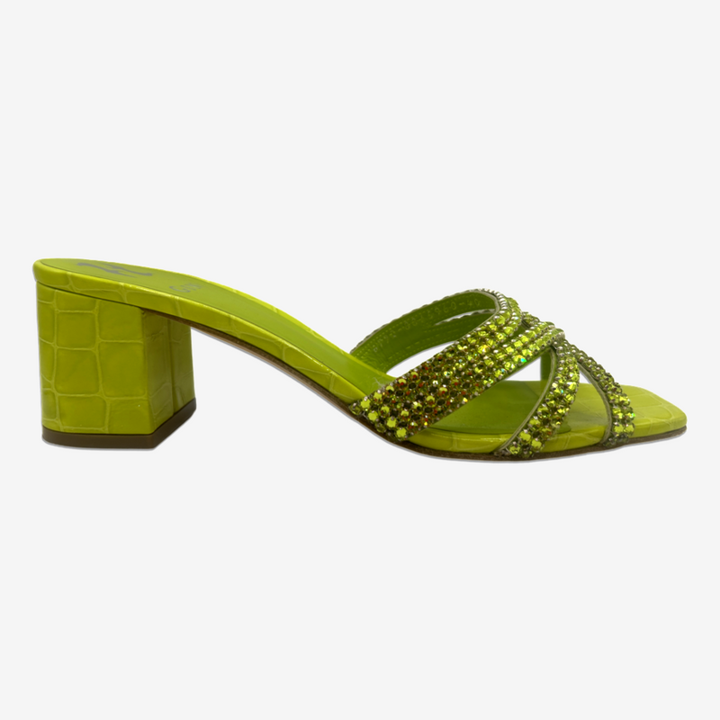 Gina lime green snakeskin embossed leather embellished sandal heels