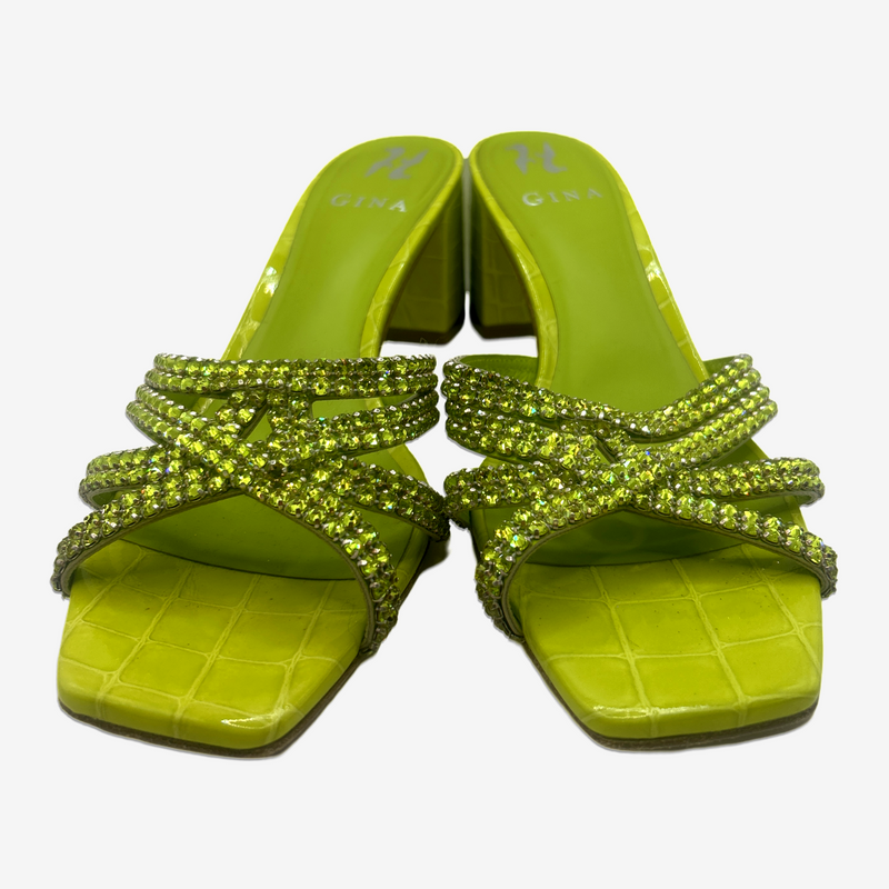 Gina lime green snakeskin embossed leather embellished sandal heels