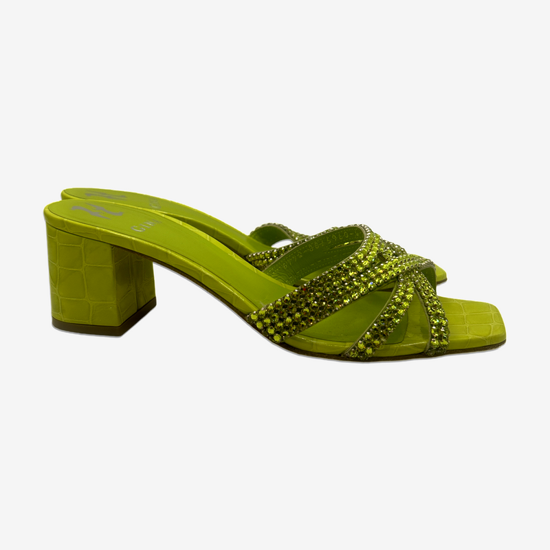 Gina lime green snakeskin embossed leather embellished sandal heels