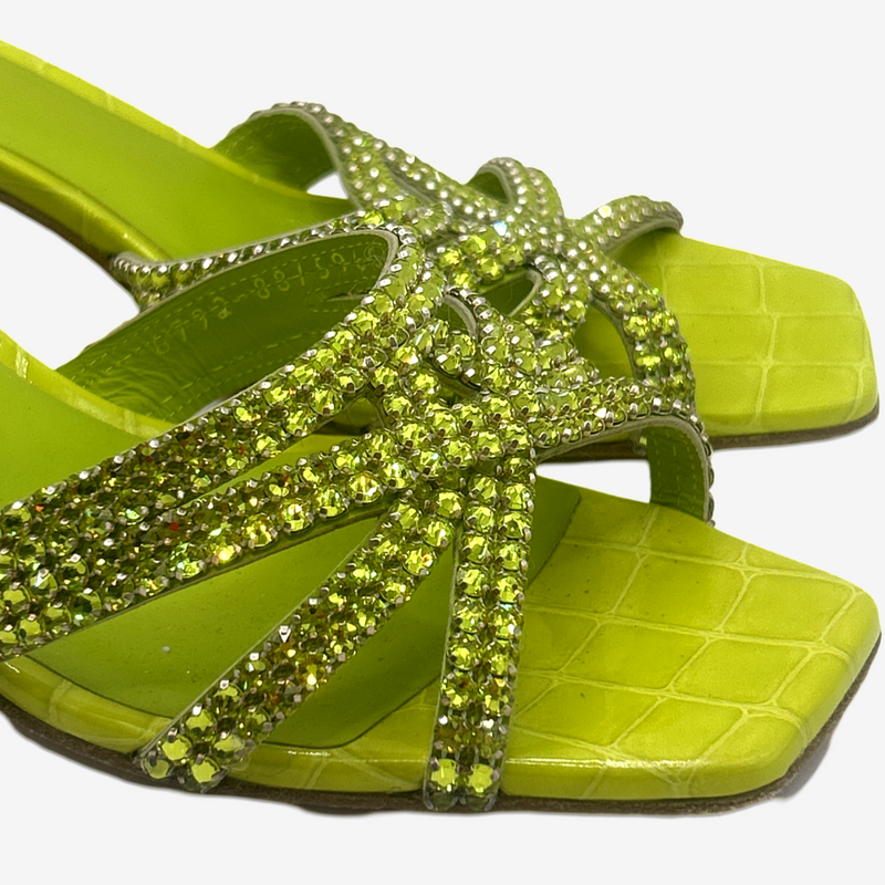 Gina lime green snakeskin embossed leather embellished sandal heels