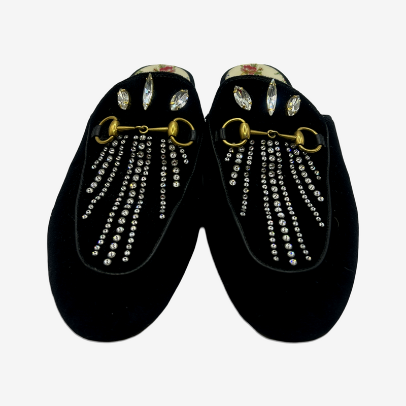 Gucci women's black velvet embellished slip-on horsebit loafers