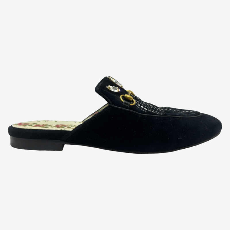 Gucci women's black velvet embellished slip-on horsebit loafers