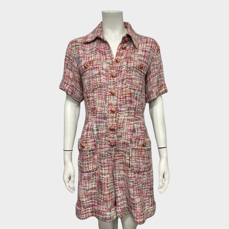 Chanel tweed rainbow pink button playsuit