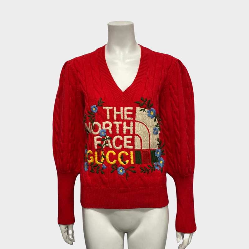 Gucci North Face red wool jumper with zip detailing on sleeves