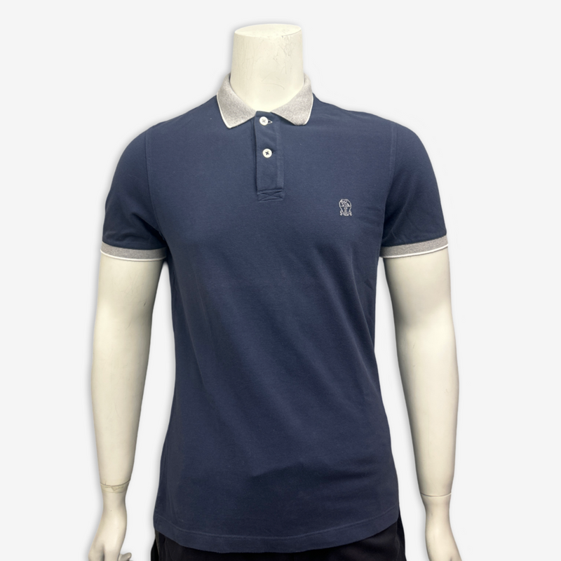 Brunello Cucinelli men's navy blue cotton polo t-shirt