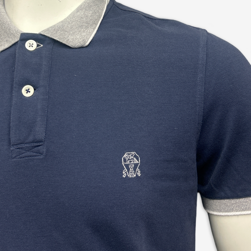 Brunello Cucinelli men's navy blue cotton polo t-shirt