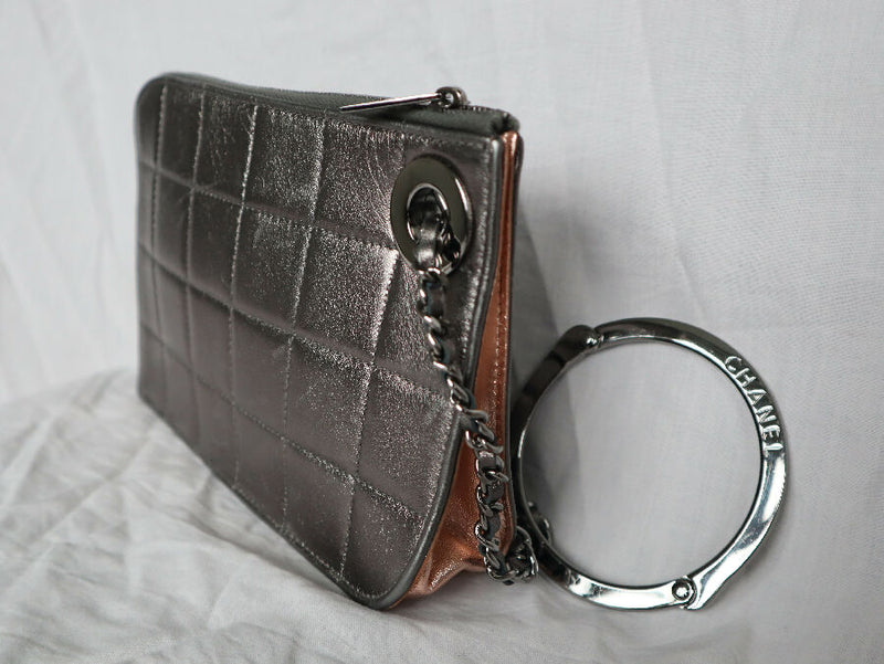 Chanel vintage gunmetal silver handcuff wristlet leather clutch bag
