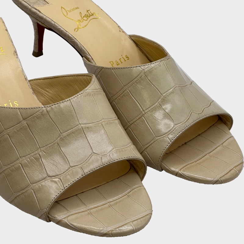 Christian Louboutin women's beige crock mock leather mules with kitten heel
